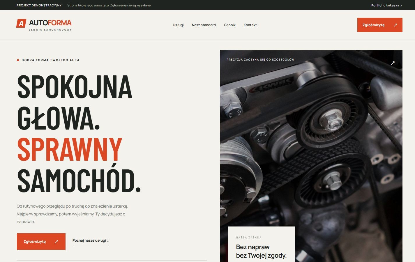 Podgląd strony AUTOFORMA z ofertą serwisu samochodowego i formularzem zgłoszenia wizyty