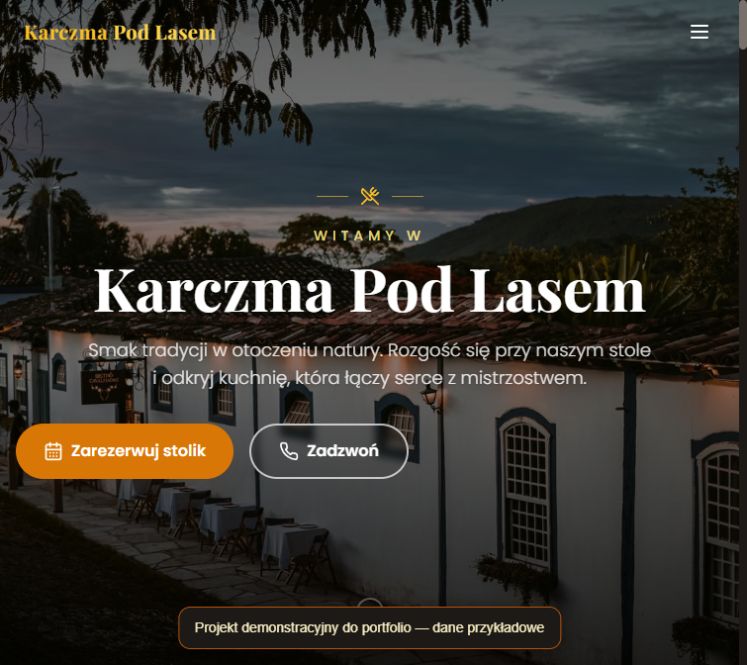 Podgląd strony Karczma Pod Lasem z nagłówkiem, zdjęciem restauracji i przyciskiem rezerwacji